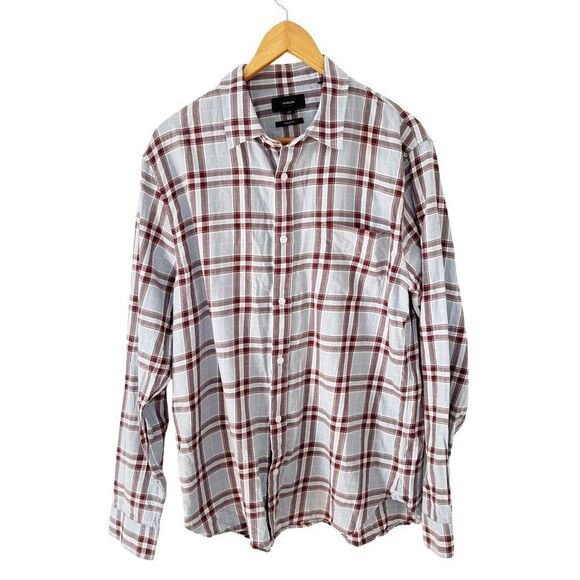 Vince Light Blue Brown Plaid "Liberty" Long Sleeve Cotton Button Down Shirt - Picture 3 of 8